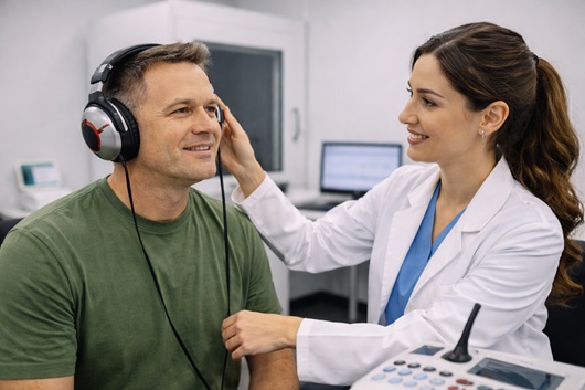 Nurse assists man with hearing test.
